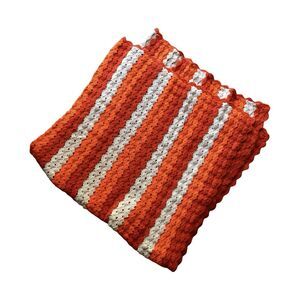 1970s Vintage Orange & White Crochet Afghan Blanket Throw 66”X64”
